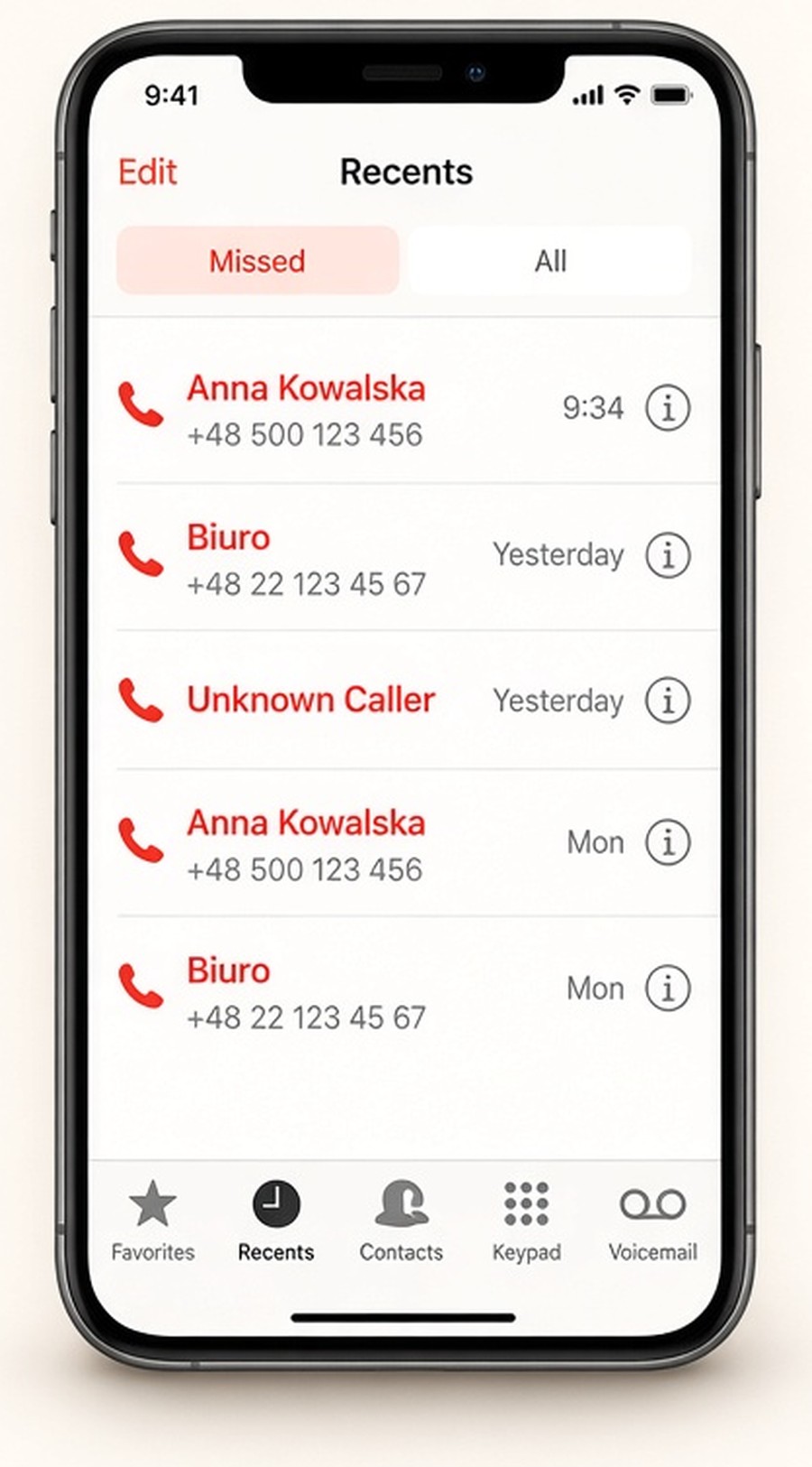 Telefon z listą nieodebranych połączeń